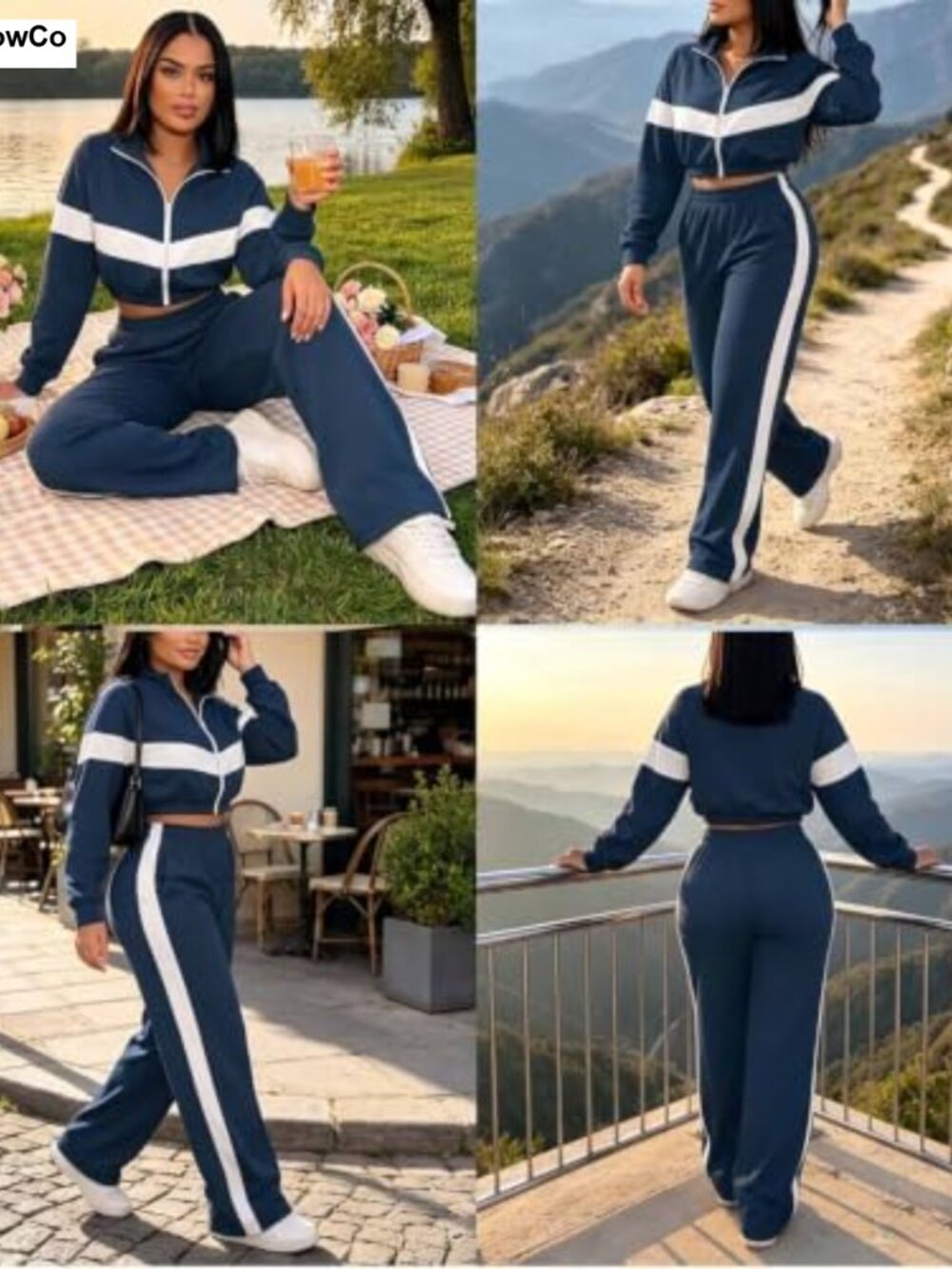 Women 2 Piece Outfit Zip Up Crop Jacket Flare Pants Workout Set - Picture 2 of 6